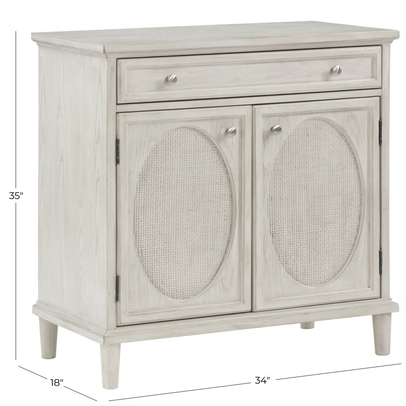 Wooden Washed Oval Rattan Front 2 Door And 1 Drawer Geometric Light Gray Room Cabinet With Round Silver Knobs