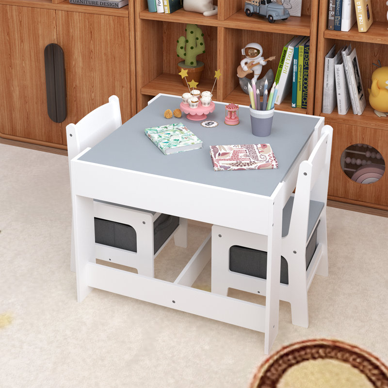 Table d'activités en bois 3 en 1 avec rangement, plateau réversible et chaises pour enfants
