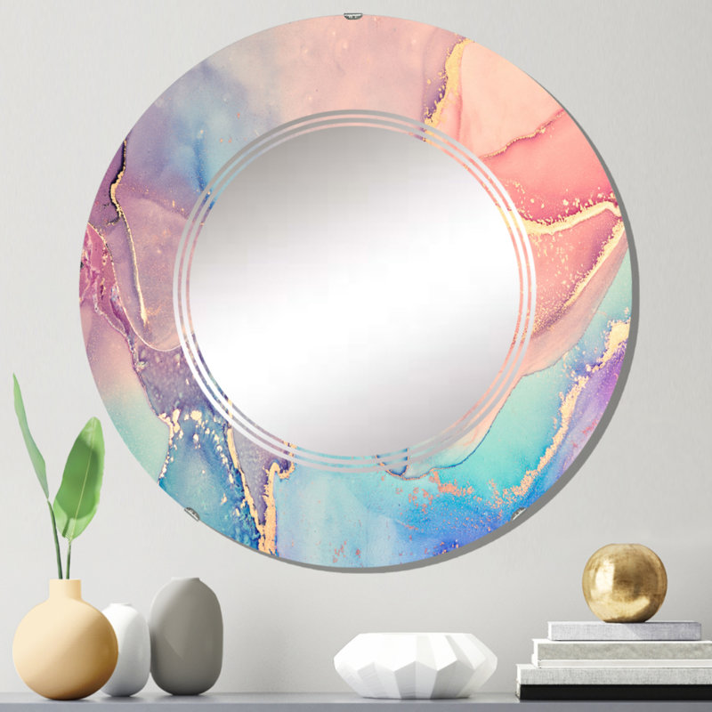 Rose et bleu liquide Art II - miroir mural rond moderne, 24 po x 24 po