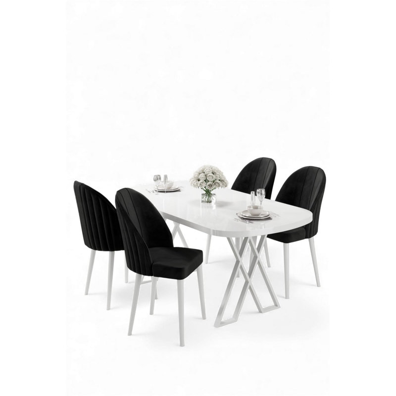Ensemble de table et chaises de salle à manger (5 pièces), Noir, Ensemble de cinq pièces : table, quatre chaises, Blanc