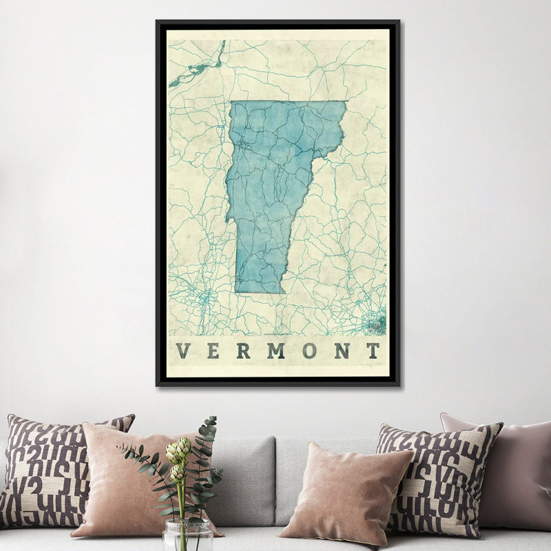« vermont map », impression sur toile, H 60 po x l 40po x P 1,5 po, Toile avec cadre noir, Pas de tapis