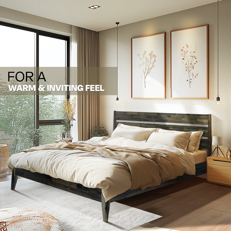 Base de lit plateforme en bois massif Acacia Premium Emery avec tête de lit incluse, aucun sommier requis, capacité de poids de 800 lb.