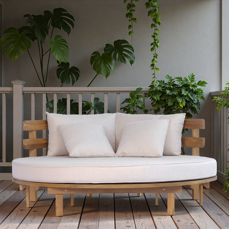 Outdoor Round Daybed With Half-round Slatted Backrest, Soft Pillows, Foldable Cushion, Removable Cushion Covers And Adjustable Foot Pads