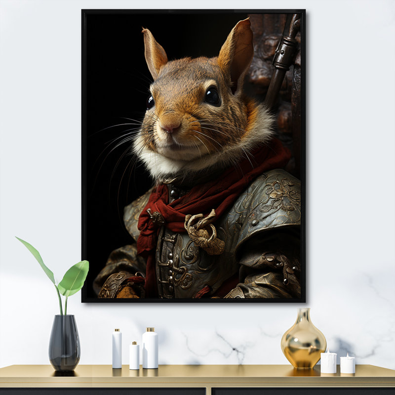 Medieval Squirrel Portrait In Armor - Rodent Wall Art, Black Floater Framed, 40" H x 30" W x 1.5" D