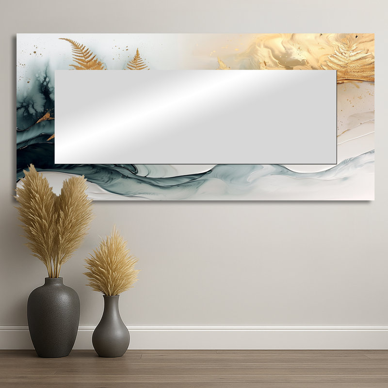 Gold Harmony Ferns I - décoration murale miroir floral - imprimé sur métal, 28 po x 60 po