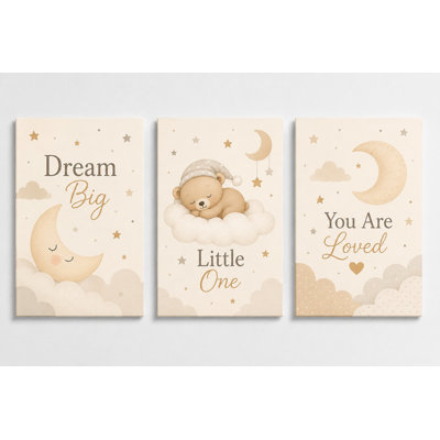 Large Set of 3 Neutral Baby Nursery Wall Art Dream Big Little One You Are Loved Canvas Prints Moon Bear Cloud Decor for Baby Bedroom 16x24 Inch Canvas Print - Ready to hang