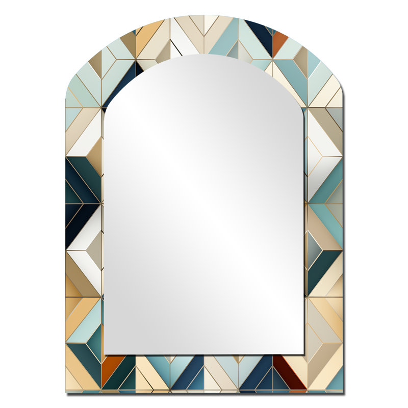 Antique Beige Vintage Tiles - Geometric Arch Decorative Wall Mirror, Modern Asymmetrical Mirror, Printed Metal Art, 34" x 25"