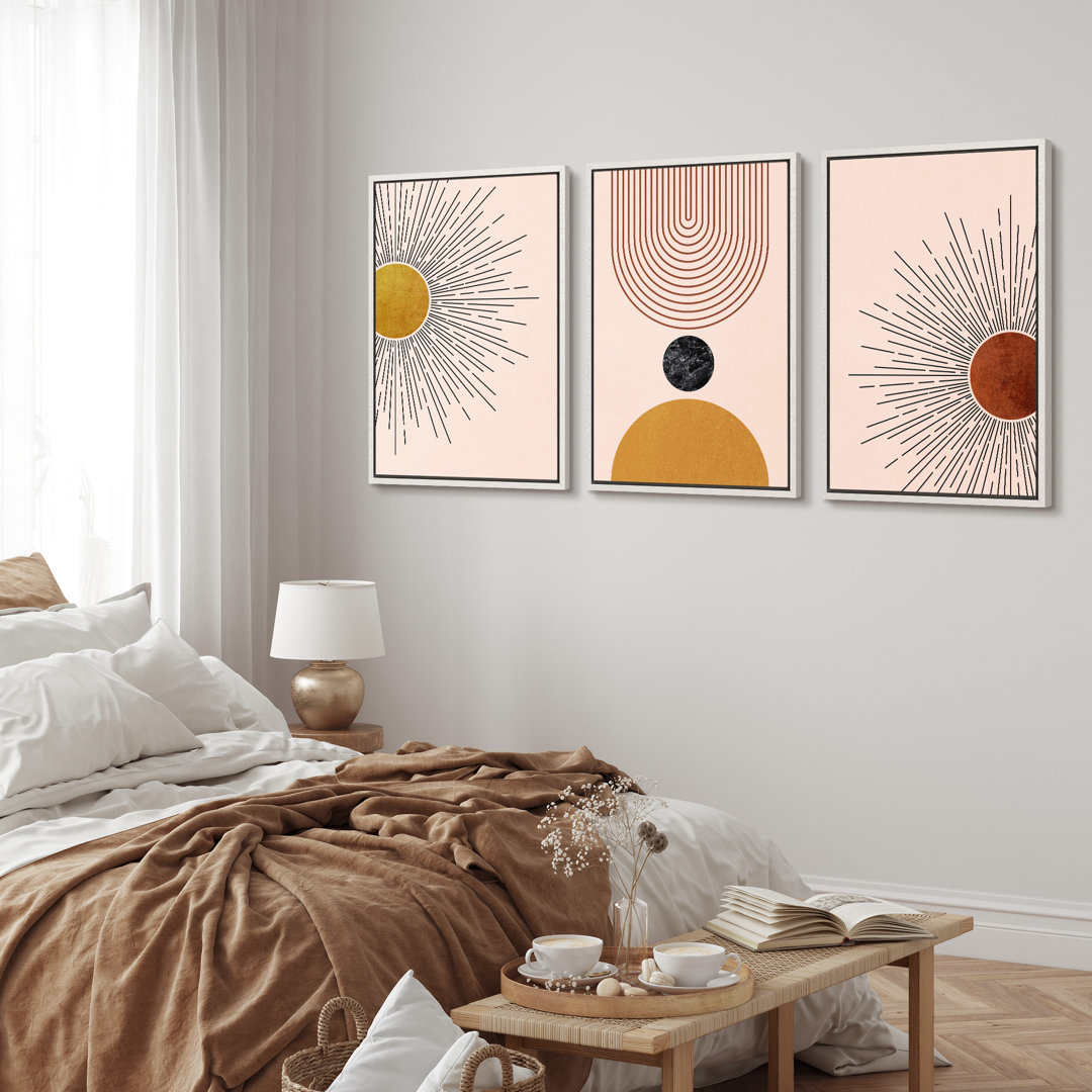 Mid Century Modern Boho Bright Nordic Abstract  Living Room Framed Canvas 3 Pieces Print Wall Art IDEA4WALL 