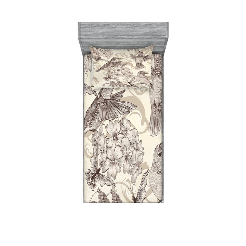 Drap-housse et coussin décoratif Ambesonne Hummingbirds crème beige brun, Ensemble de draps pour lit simple + 3 pièces supp