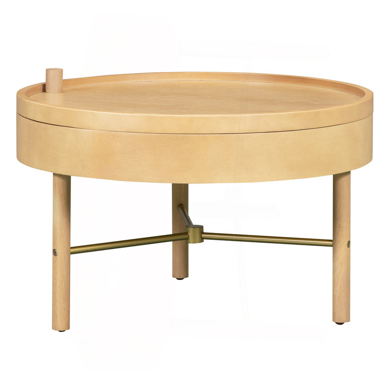 Table basse ronde moderne avec plateau rotatif en bois avec rangement et pieds en métal, Naturel