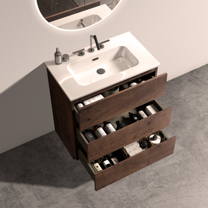 Meuble-lavabo autoportant 30 po en noyer avec lavabo 30 po et 3 trous de robinet