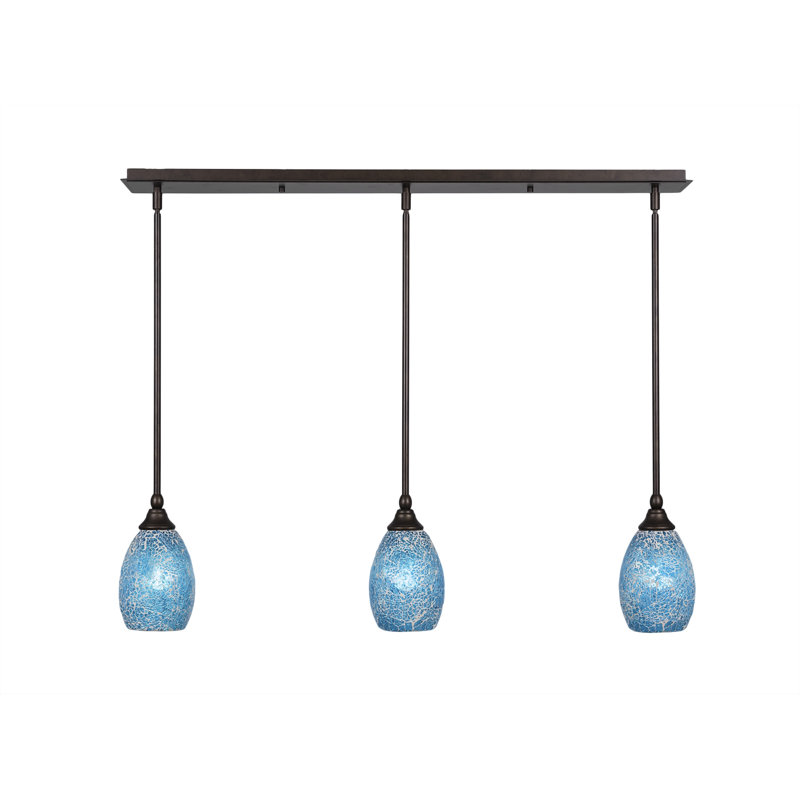 3 Light Stem Hung Linear Pendalier Shown With 5" Fusion Glass, Bronze, Turquoise