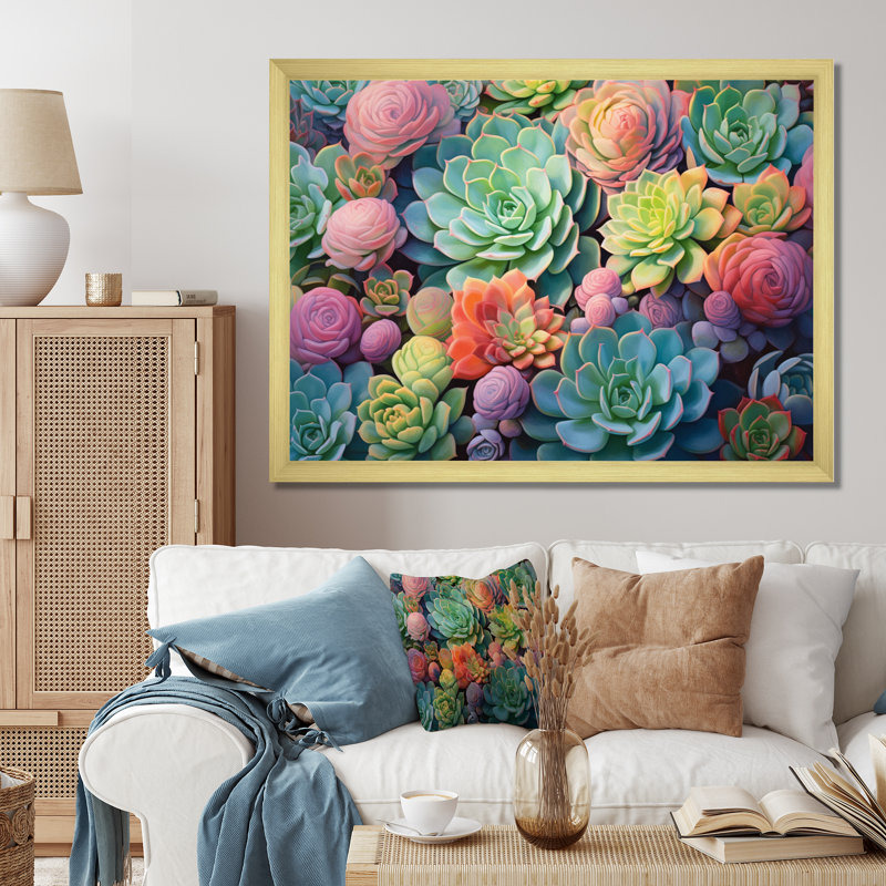 Vert, bleu, plantes grasses, succulentes, rêves II, Cadre doré simple, H 34 po x l 44 po x P 1,5 po