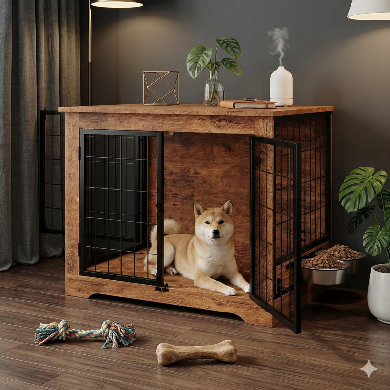 Niche en bois de 81 cm de long avec double porte, Ã©quipÃ©e de gamelles surÃ©levÃ©es pivotantes Ã  360 degrÃ©s et rÃ©glables, conÃ§ue comme une table d'appoint d'intÃ©rieur avec plateau de rangement pour chiens de grande et moyenne taille