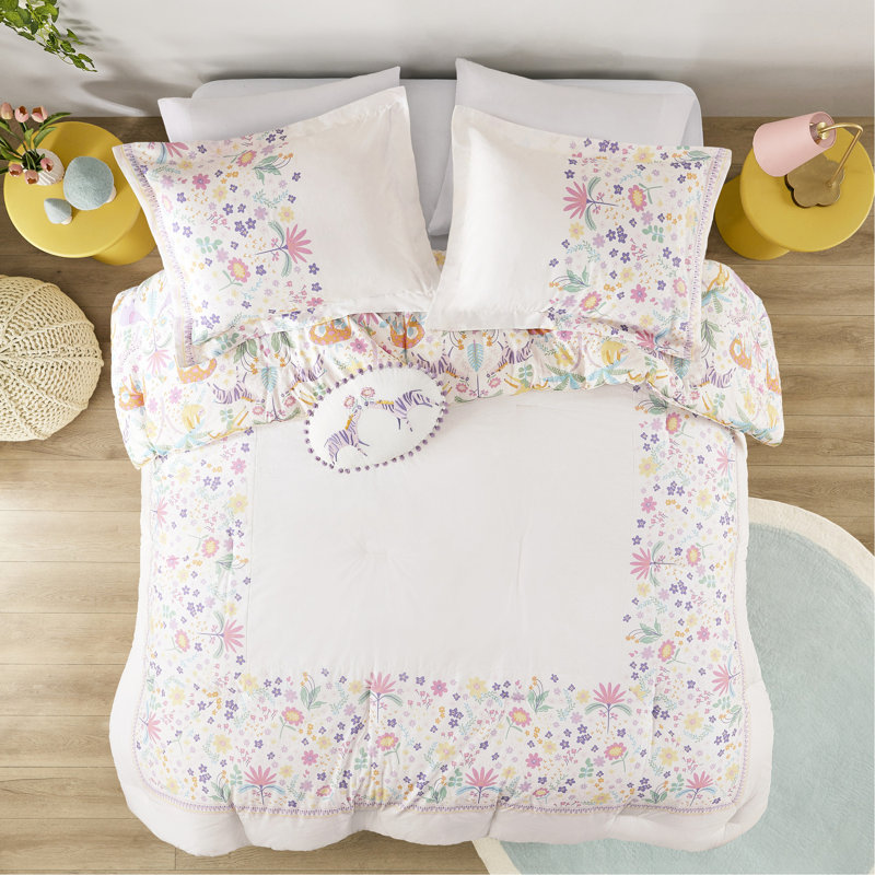 4 pièces d'édredon réversible en coton mauve / grand avec imprimé tigre et éléphant jungle - tissu lavable à la machine