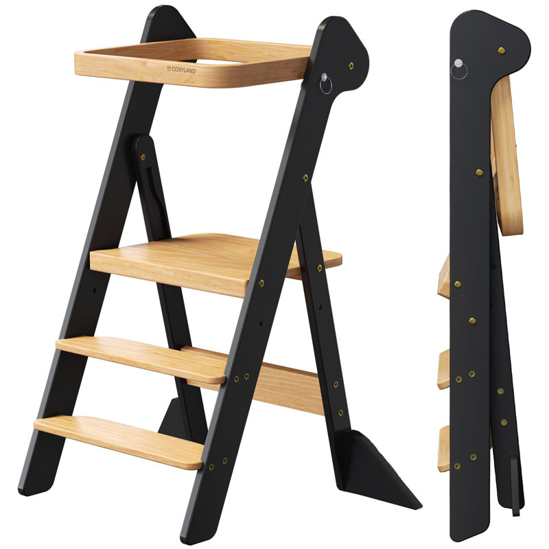 Marchepied pliable pré-assemblé pour tout-petit - Tour debout avec barrière de sécurité, hauteur réglable et pieds anti-basculement