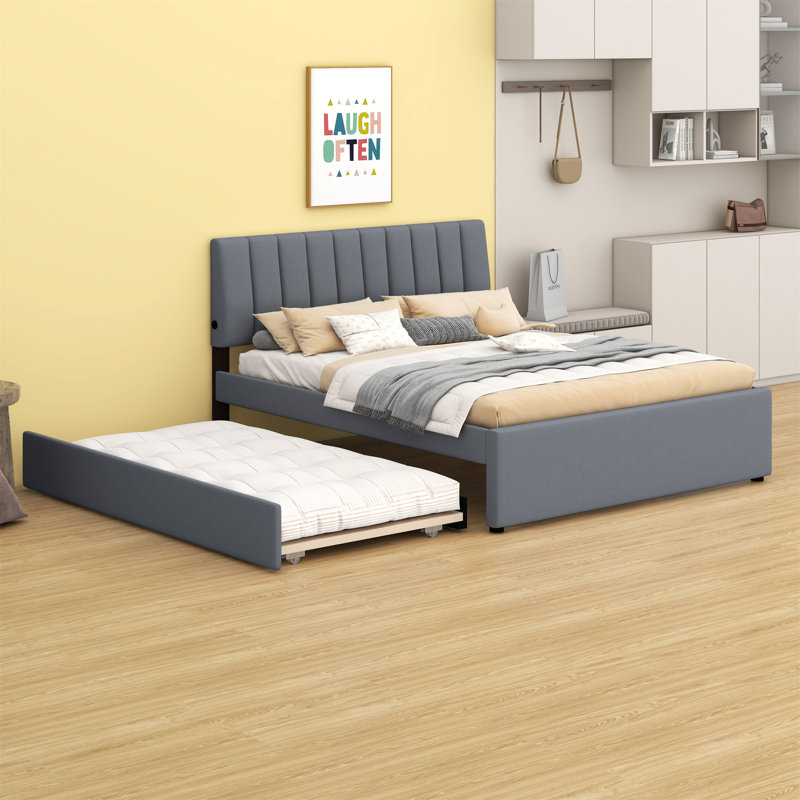Lit plateforme tapissier avec lit gigogne, Gris