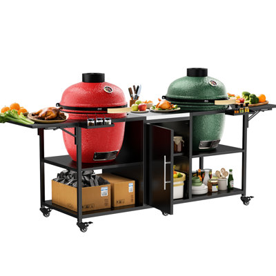 Metal Grill Table For Outdoor Use - Compatible With Two Big Egg, 18", , Black And Silver Color, 107.54 Lb Weight, 34.36 In Height, 26.31 Width, 100.18 Depth, 6 360 Wheels 4 Lockable, Open Shelves, 2