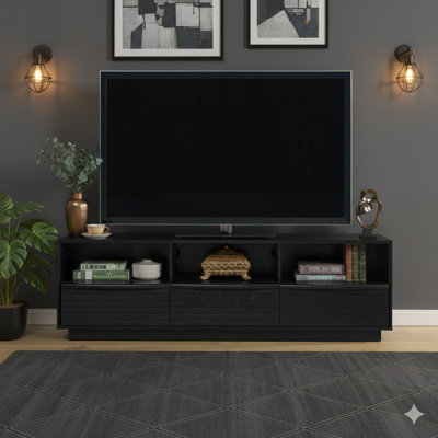 Meuble télé de 63 pouces de style Mid-Century moderne pour téléviseur de 75 po ou moins, une armoire de divertissement robuste de style campagnard, une console multimédia pour le salon, avec une conception à persiennes, des tiroirs en bois massif et des trous de sortie, en noir.