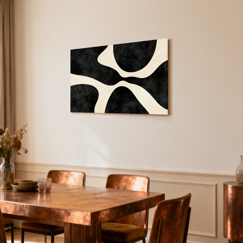 Ensemble de 1 tableau sur toile tendue à motif géométrique abstrait noir et crème, H 16 po x l 24 po