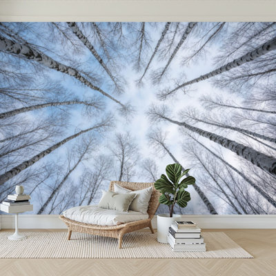 Wall Mural Peel and Stick Wallpaper Birch Winter forest Snow branches trees Nature Cold weather Climate Self-Adhesive Removable Contact Paper Wall Decor for Living Room Bedroom 100"H x 144"W