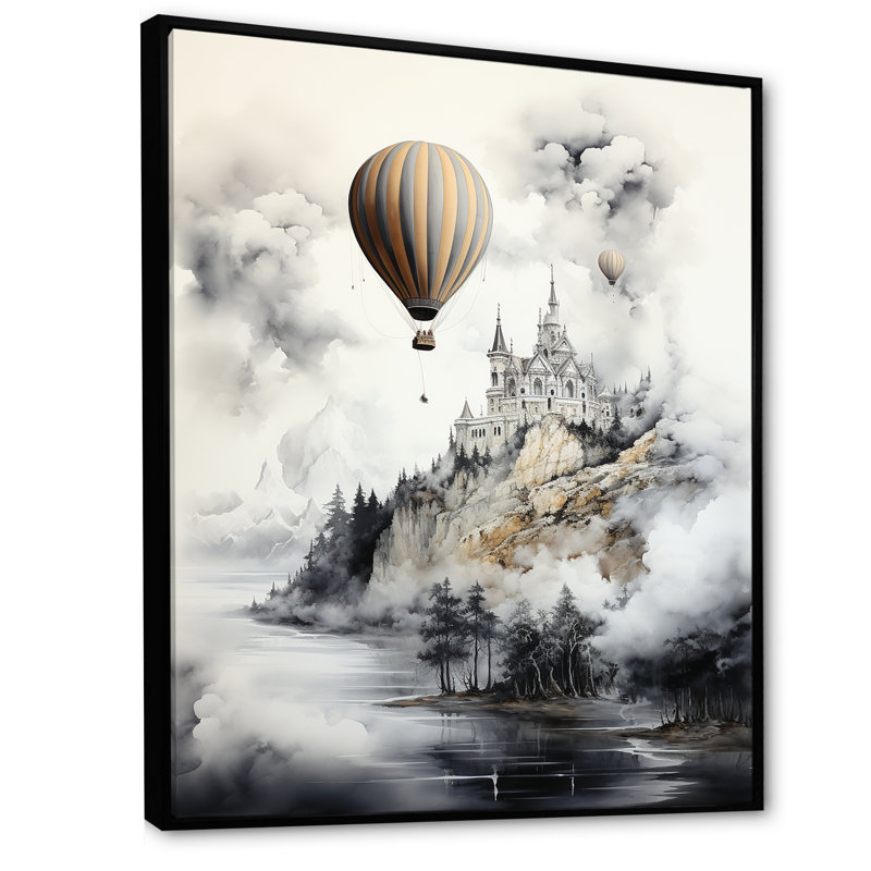 Vol en montgolfière monochrome, Cadre flottant noir, H 32 po x l 24 po x P 1 po