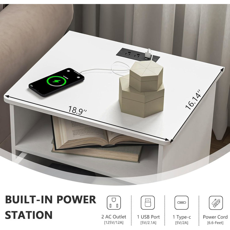 Table de chevet blanche en bois avec station de chargement ports USB-C 2 tiroirs de rangement ouverts