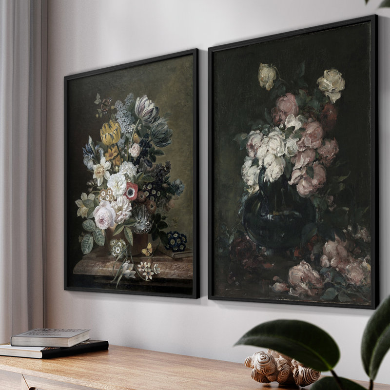 Impression florale rétro - ensemble de 2, Noir, noir, noir, noir, H 17 po x l 42 po