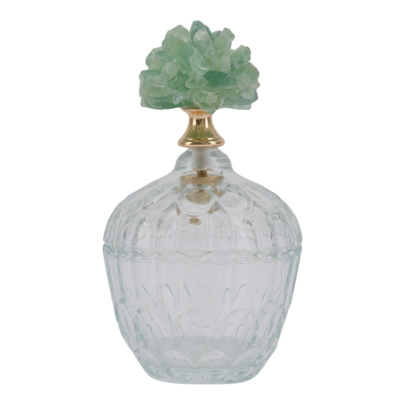 Decorative Glass Stone Metal Jar With Sculpted Fauna Lid Detailing And Textured Transparent Body For Unique Accent Display