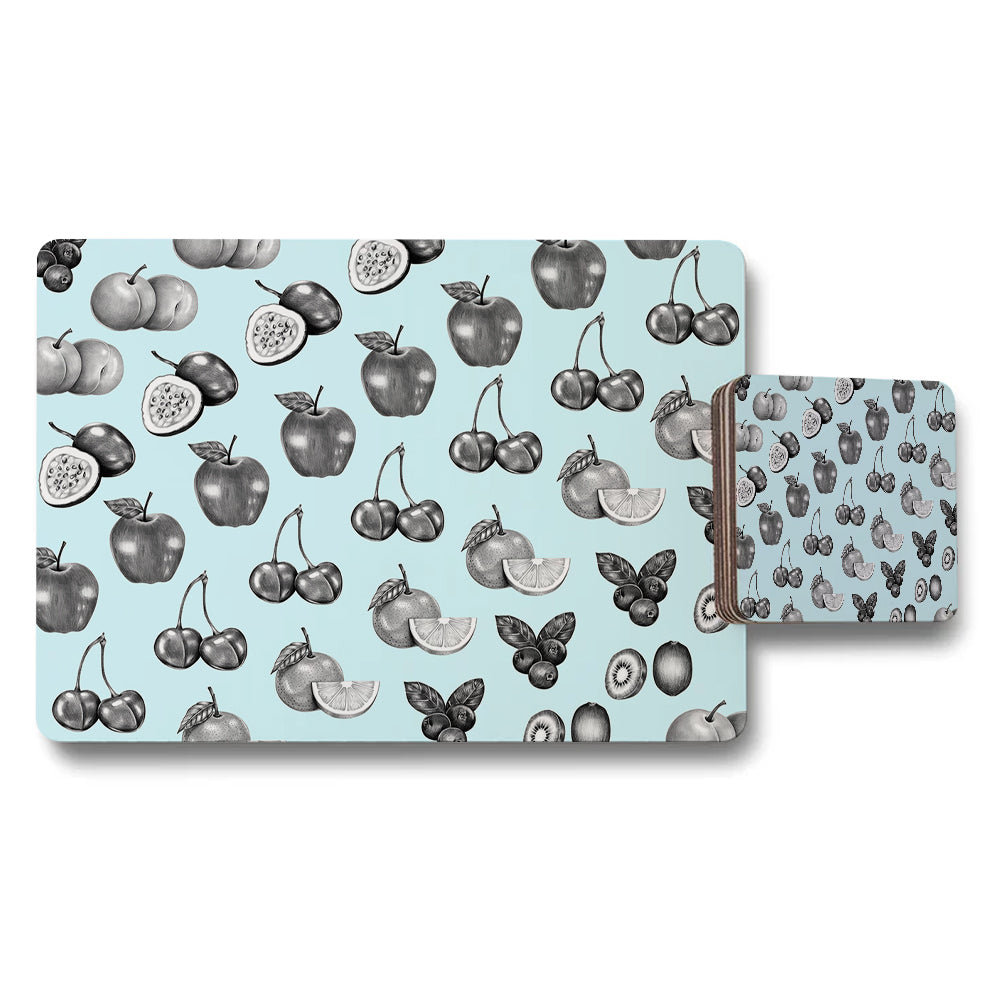 Fruit Pattern Placemat And Coaster Set On Light Blue