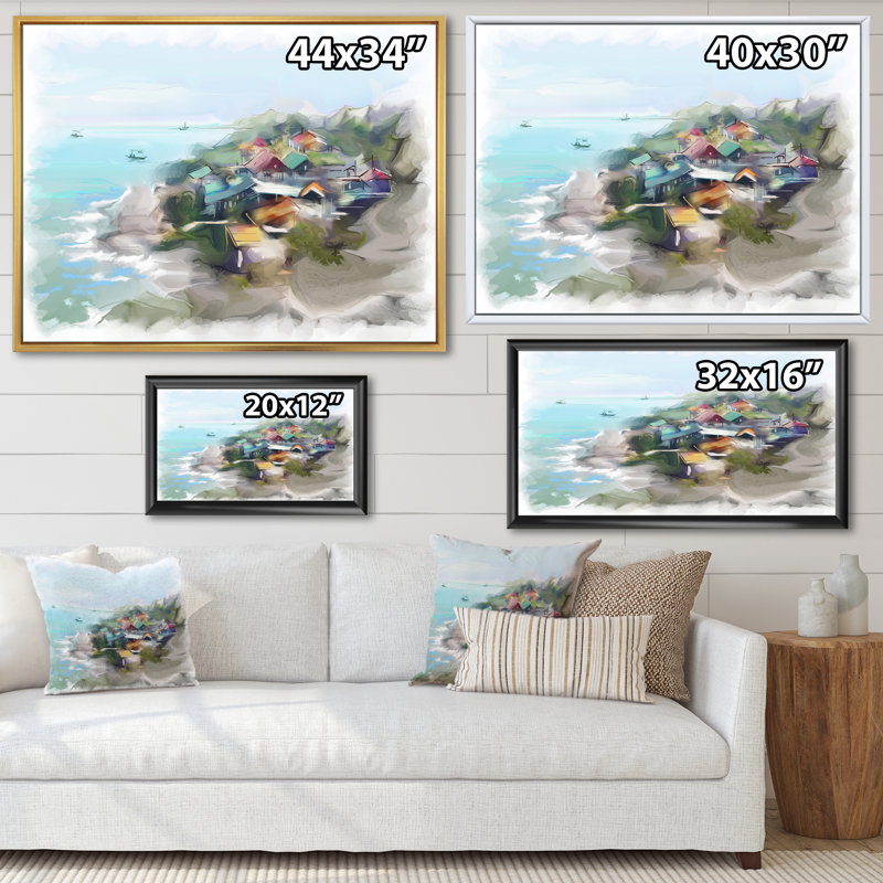 Maison de rêve par le paysage marin - peinture sur toile, H 12 po x l 20 po, Toile à cadre flottant doré
