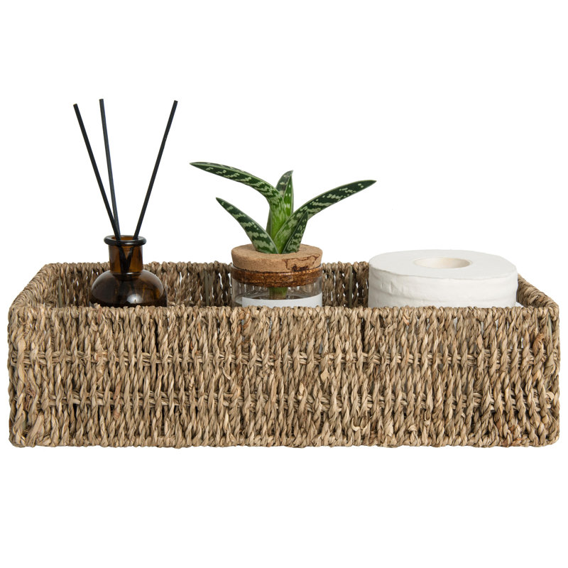 Wicker Storage Basket with Built-in Handles, Rectangular Bathroom Organizer for Toilet Tank, Vanity, Decor, Kitchen