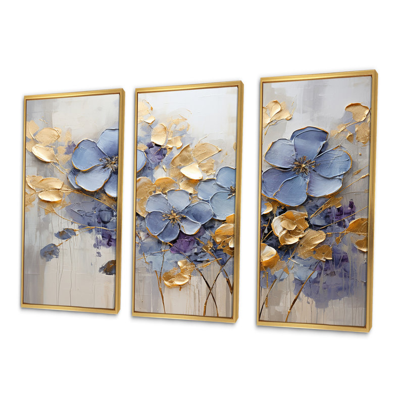 «Blue and Gold Exquisit Violets I - Violets», ensemble de reproduction d'art mural, Cadre flottant doré