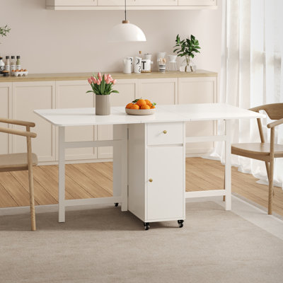 No Assembly 12'' to 59''W Extendable Dining Table for 2-6 People, Space-Saving Moveable Wood Kitchen Island with Wheels, Modern Folding Kitchen Table with Storage and Drop Leaves for Kitchen and Dining Room, White