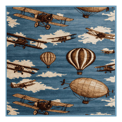 Machine Washable Transportation Blue Area Rug