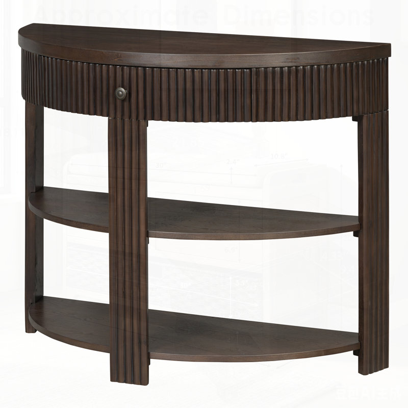 Console demi-lune cannelée avec tiroir et 2 étagères pour l'entrée, le salon et le couloir, Espresso, Espresso, Espresso
