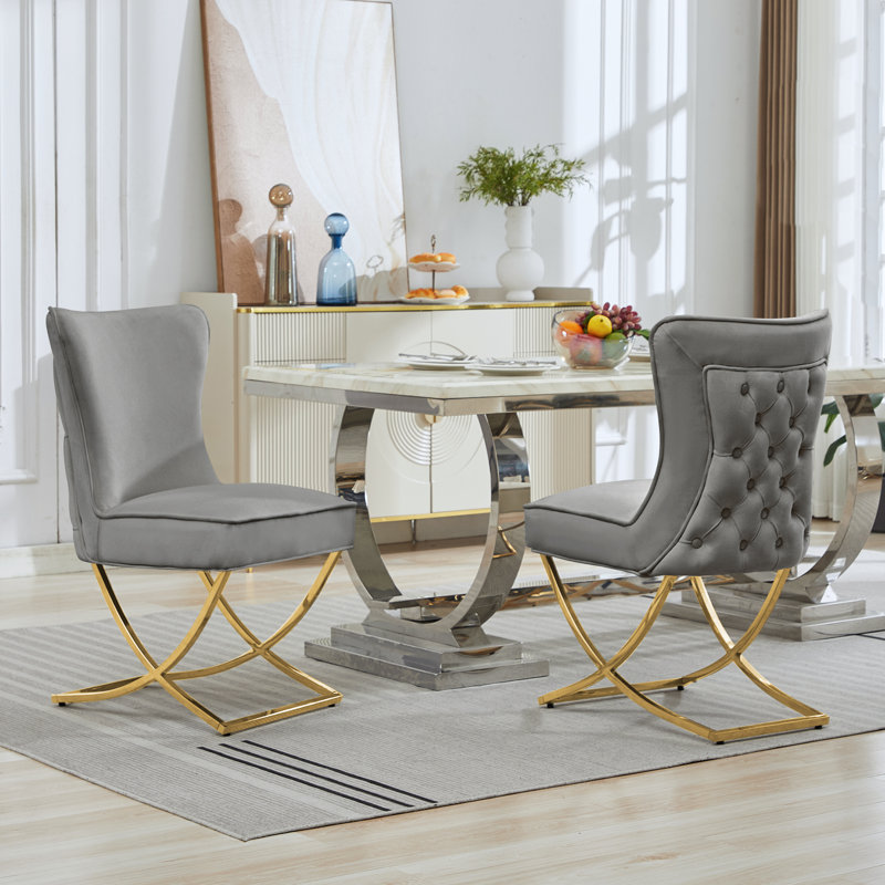Charys Tufted Velvet Upholstered Cross Legs Parsons Dining Chair, Gray  