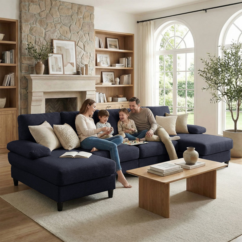 U-Shaped Linen Sectional Sofa with Double Chaise for Living Room, Dark Gray