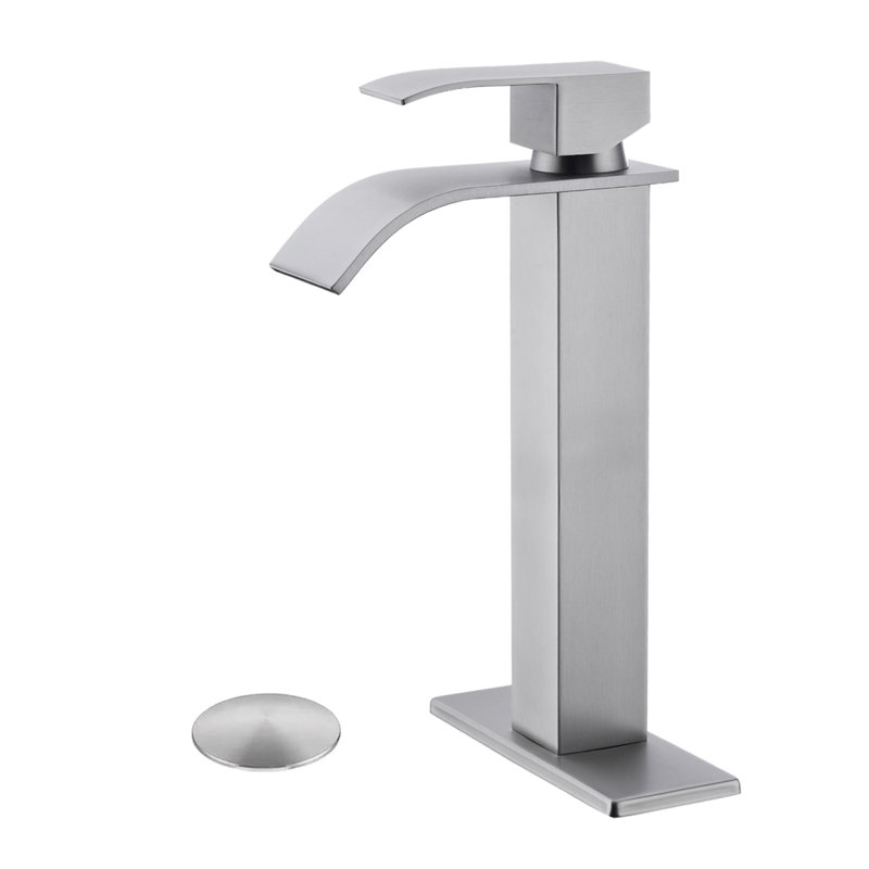 Waterfall Spout Bathroom Sink Single Handle Faucet With Pop-Up Drain (No Overflow), Brushed Nickel