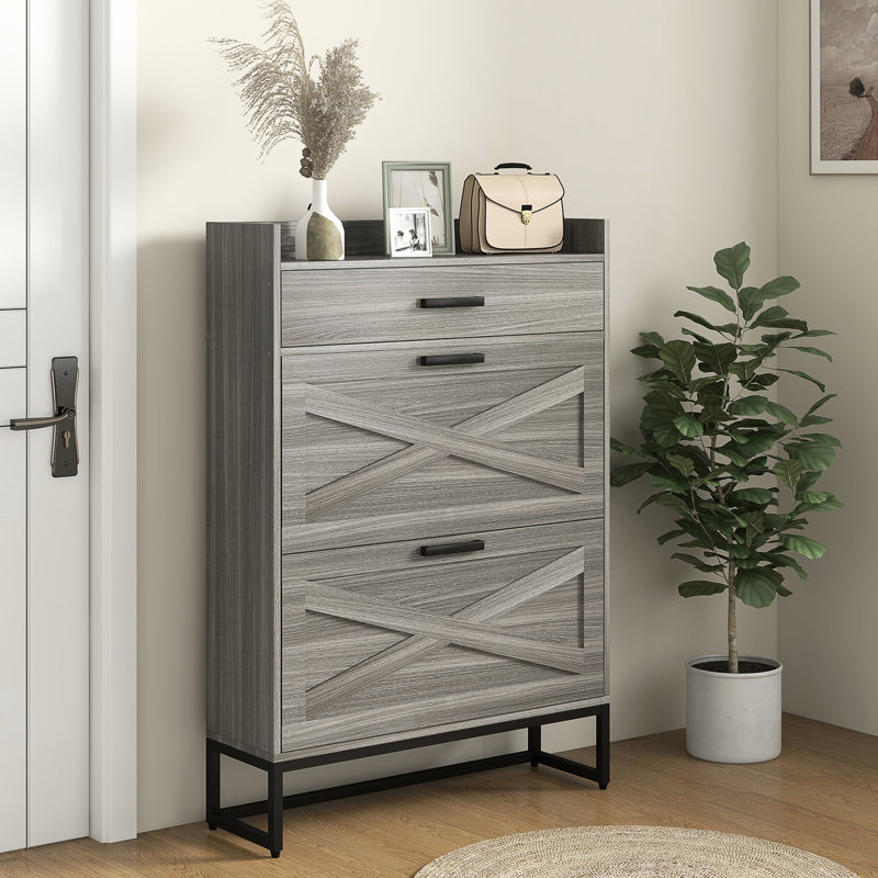 Armoire à chaussures compacte avec compartiments cachés et pieds réglables, armoire grise, pouvant accueillir jusqu'à 12 paires, aspect vieilli