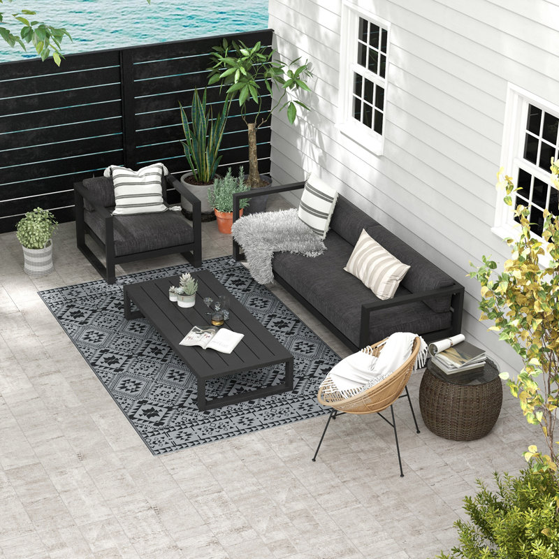 Outsunny Reversible Outdoor Rug with Carry Bag, 182 x 274cm, Black & Grey
