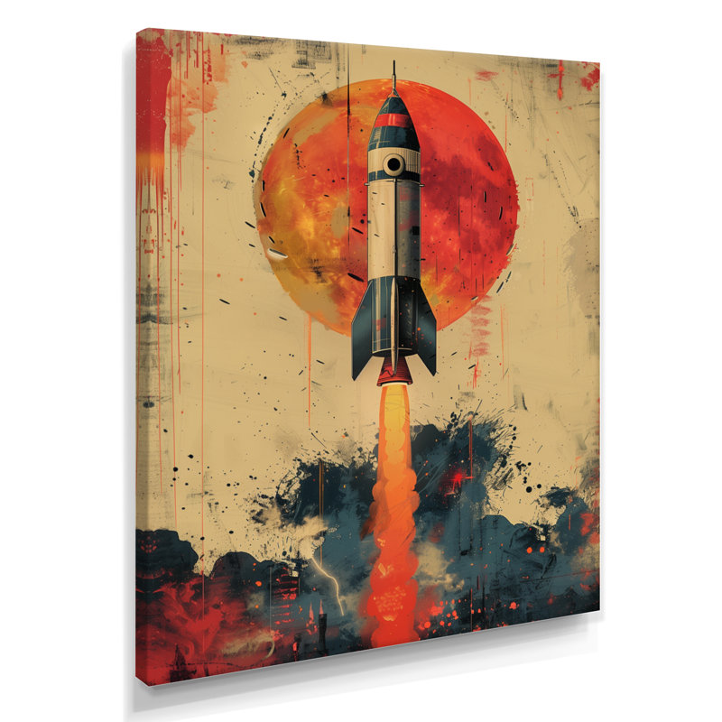 Orange fusée dans l'espace II - art mural fusée, Toile tendue, H 16 po x l 32 po