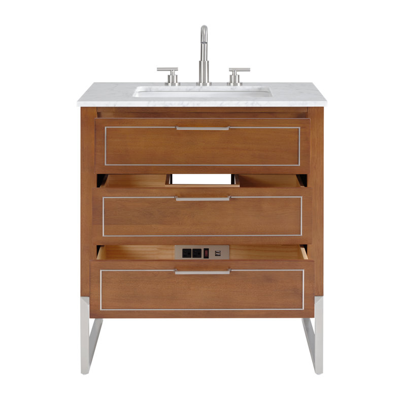 Markham 30'' W Single Vanity, Carrara Marble, Brushed Nickel, Walnut