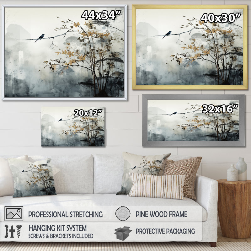 «Asian Art Sumi Bird Serenity XVII», art mural asiatique, Toile tendue, H 12 po x l 20 po x P 1 po