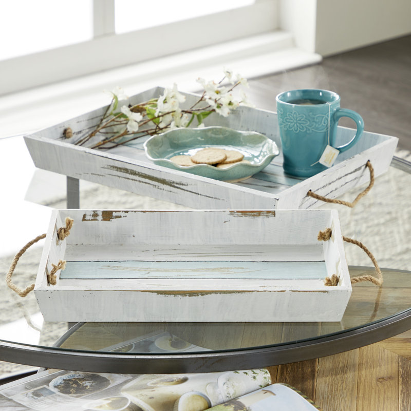 Nautical White and Blue Wood Rectangular Tray Set with Jute Handles