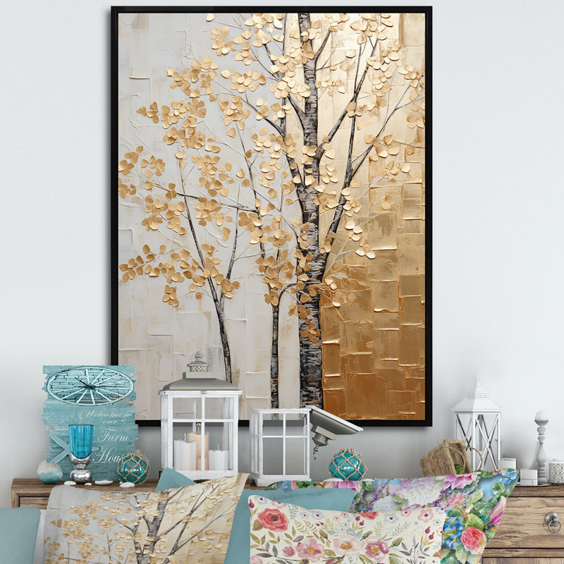Minimalisme Golden Trees Harmony II - arbres, art mural, Cadre flottant noir, H 32 po x l 24 po x P 1 po