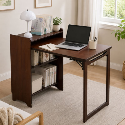 Wousoe Bamboo Foldable Computer Desk with Hidden Storage Cabinet 
