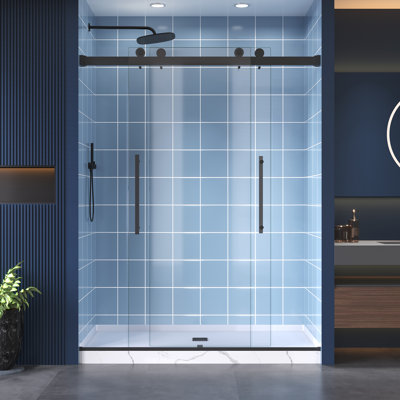 Porte de douche coulissante double sans cadre Tipnovla 56–60 po L x 74 po H avec verre trempé de 1/4 po, revêtement anticollision et facile à nettoyer