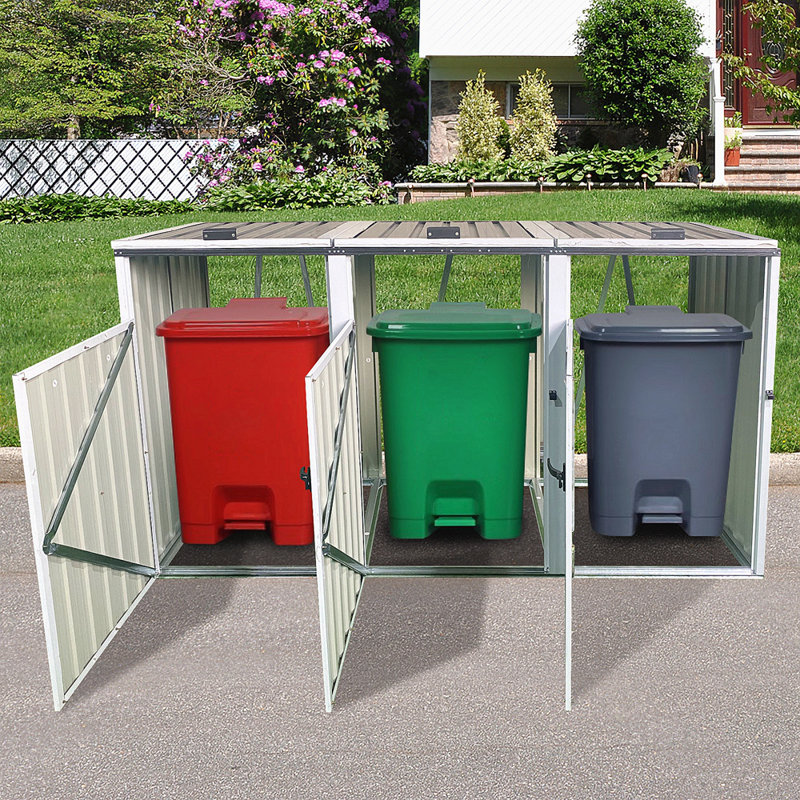 Garbage Bin Shed Stores 3 Trash Cans Metal Outdoor Bin Shed For Garbage Storage,Grey