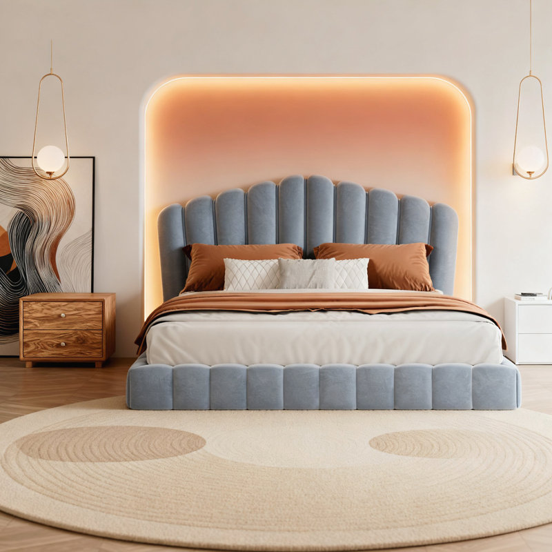 Upholstered Queen Bed, Light Blue